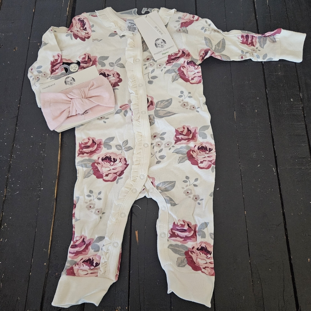 Modern Moments Gerber Nwt Baby Girl 6-9 Month Floral White Outfit Pink Headband